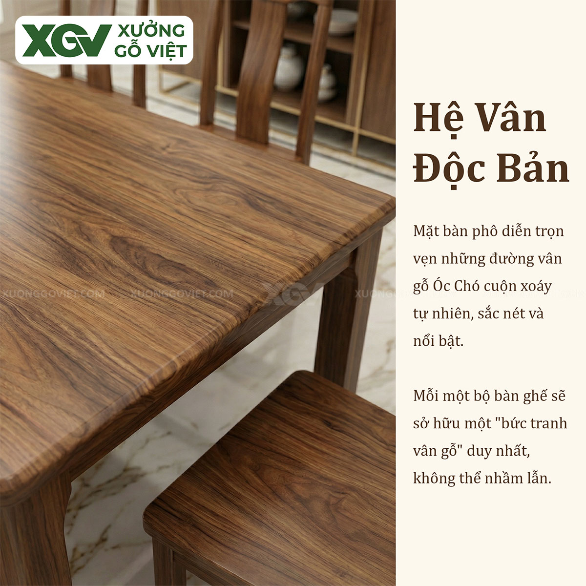 Bộ Bàn Ăn Bo Cạnh Gỗ Óc Chó 6 Ghế Phong Cách Á Đông Hiện Đại