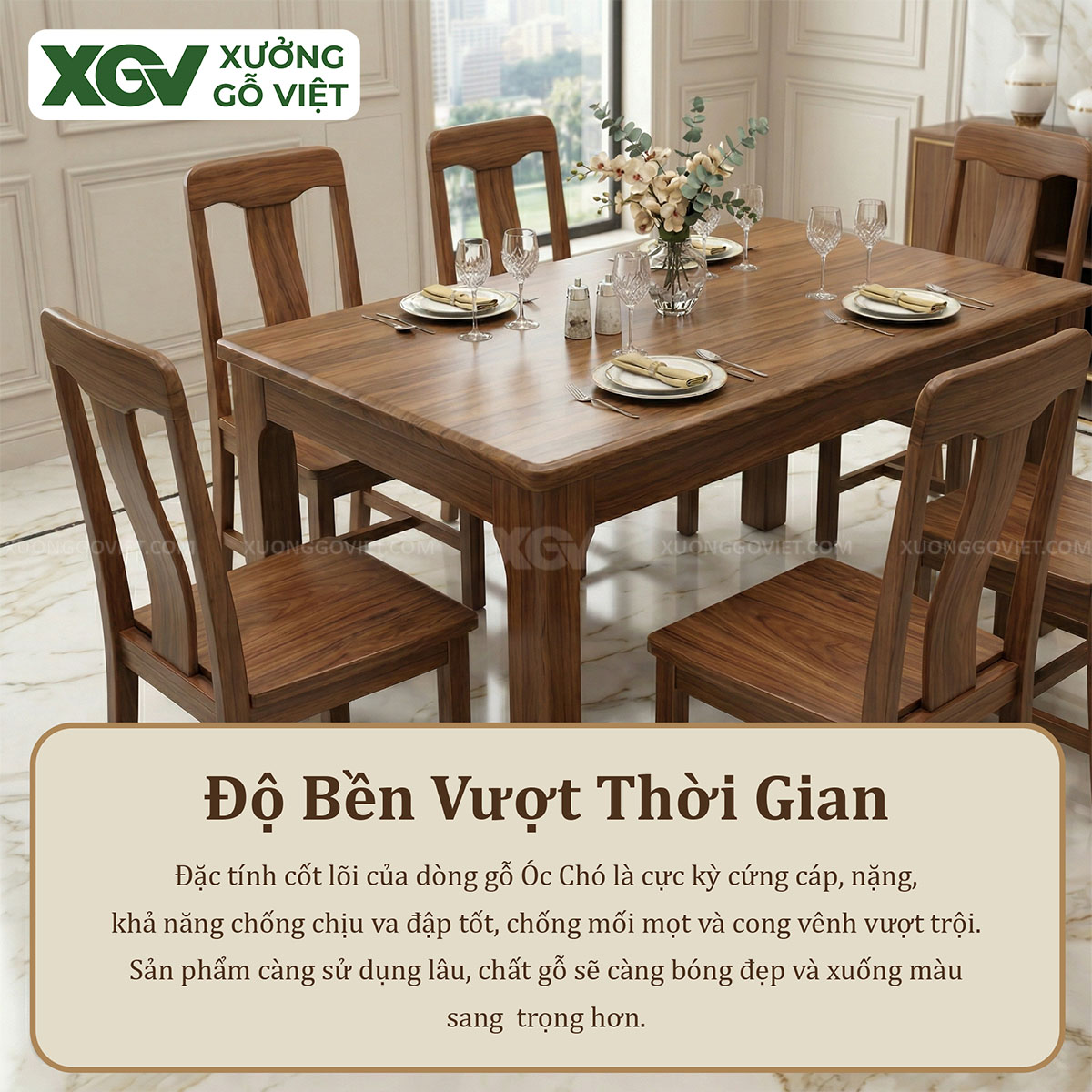 Bộ Bàn Ăn Bo Cạnh Gỗ Óc Chó 6 Ghế Phong Cách Á Đông Hiện Đại