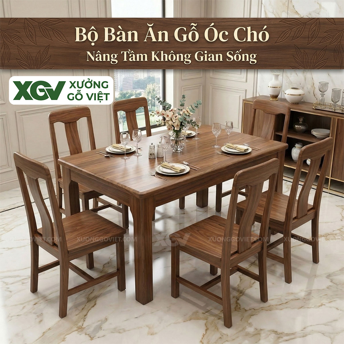 Bộ Bàn Ăn Bo Cạnh Gỗ Óc Chó 6 Ghế Phong Cách Á Đông Hiện Đại