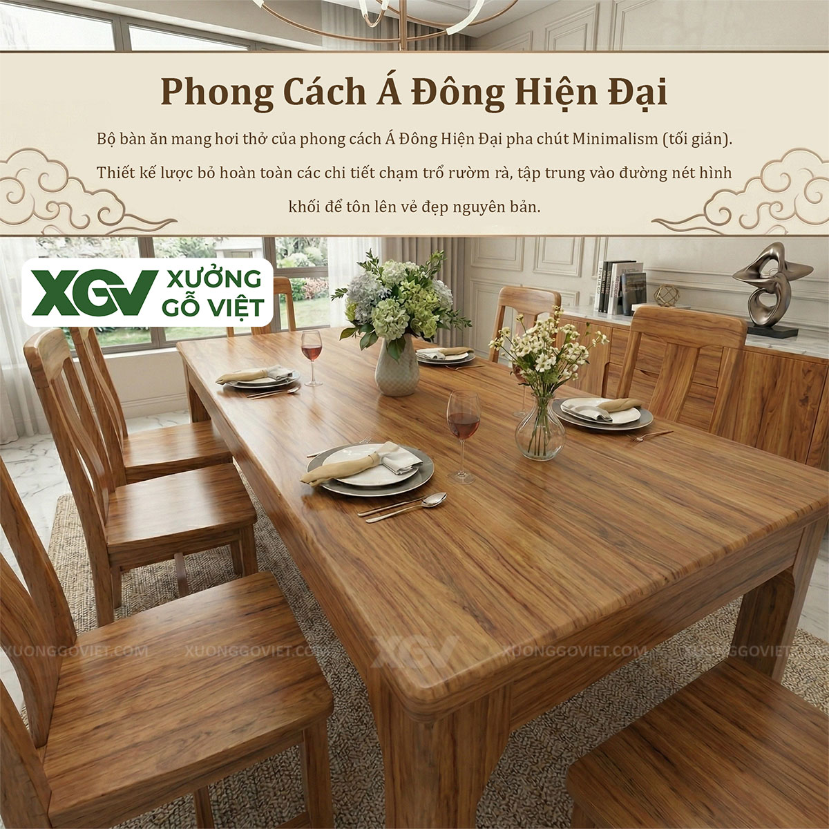 Bộ Bàn Ăn Hiện Đại Gỗ Gõ Đỏ Chân Vát Phối Ghế Công Thái Học