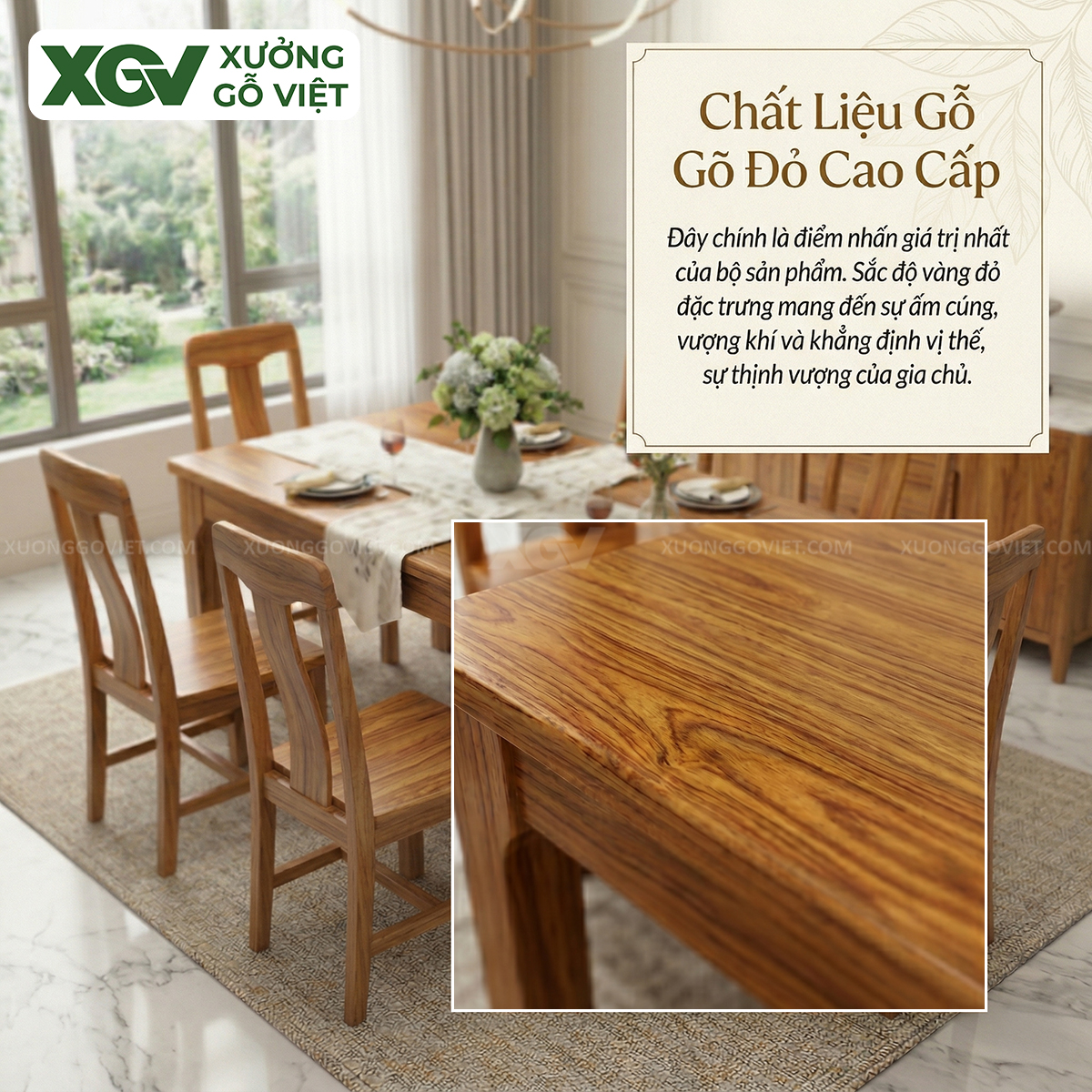 Bộ Bàn Ăn Hiện Đại Gỗ Gõ Đỏ Chân Vát Phối Ghế Công Thái Học
