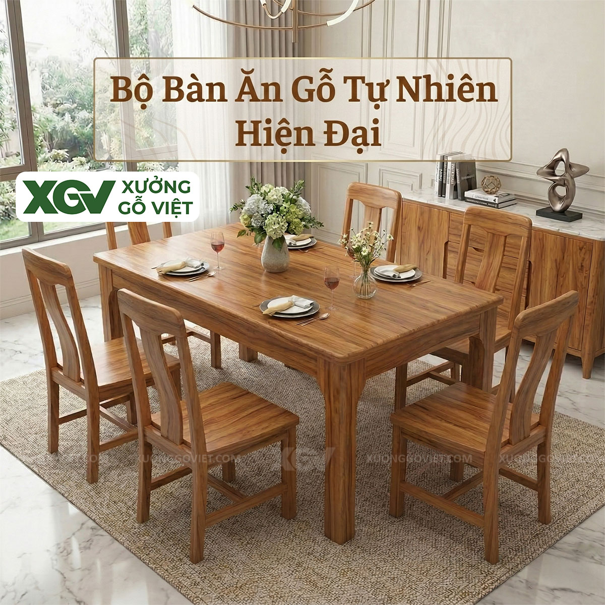 Bộ Bàn Ăn Hiện Đại Gỗ Gõ Đỏ Chân Vát Phối Ghế Công Thái Học