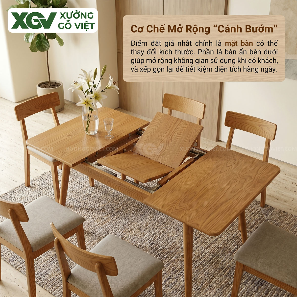 Bộ Bàn Ăn Thông Minh Gỗ Sồi Cơ Chế Mặt Bàn Mở Rộng Linh Hoạt