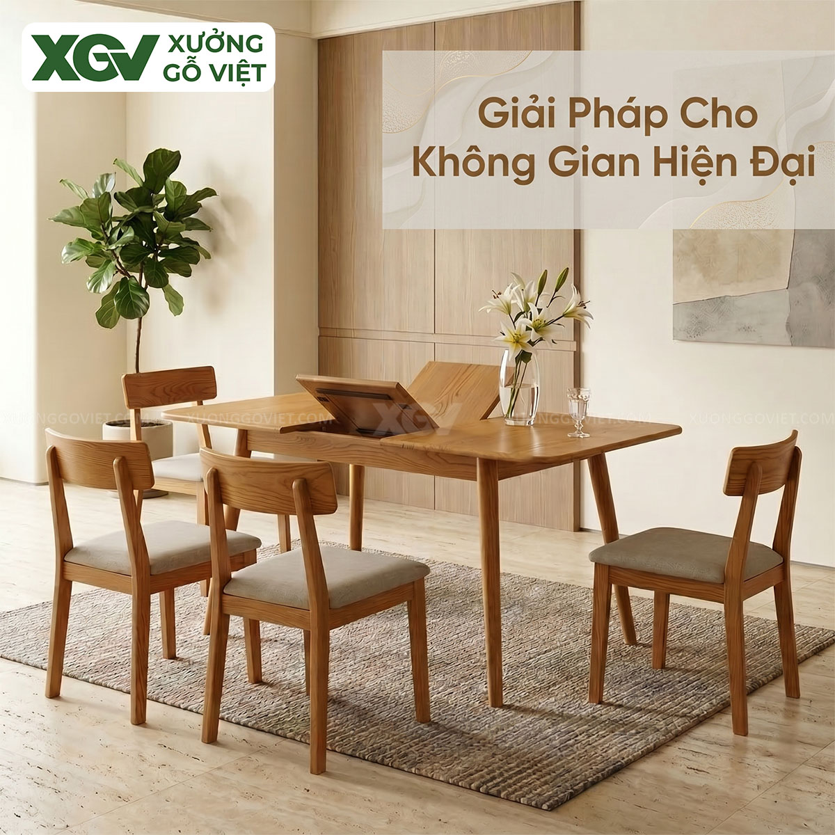 Bộ Bàn Ăn Thông Minh Gỗ Sồi Cơ Chế Mặt Bàn Mở Rộng Linh Hoạt