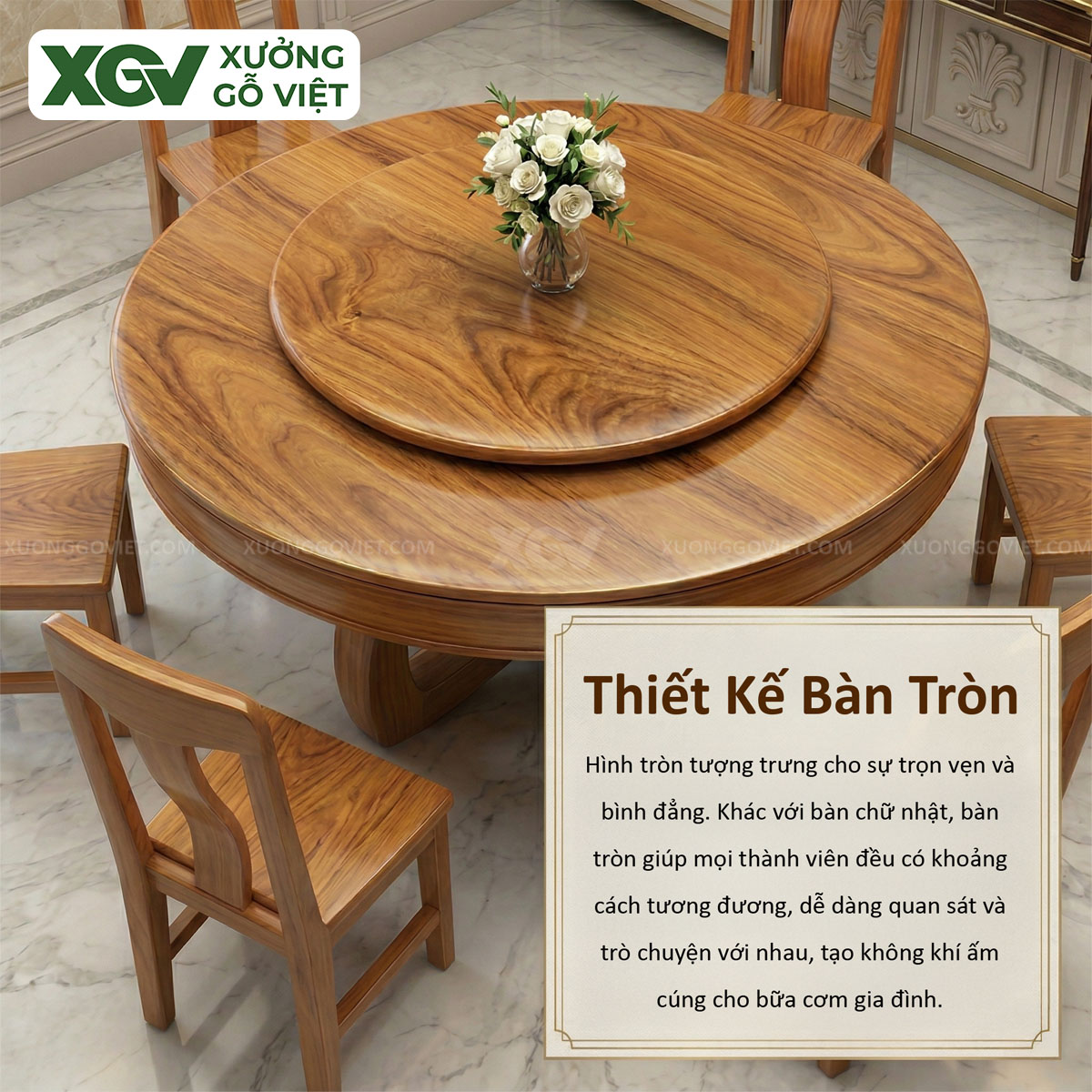 Bộ Bàn Ăn Tròn Gỗ Gõ Đỏ Dáng Bề Thế Cơ Chế Mâm Xoay Tiện Lợi