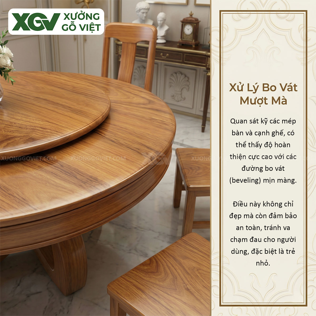 Bộ Bàn Ăn Tròn Gỗ Gõ Đỏ Dáng Bề Thế Cơ Chế Mâm Xoay Tiện Lợi