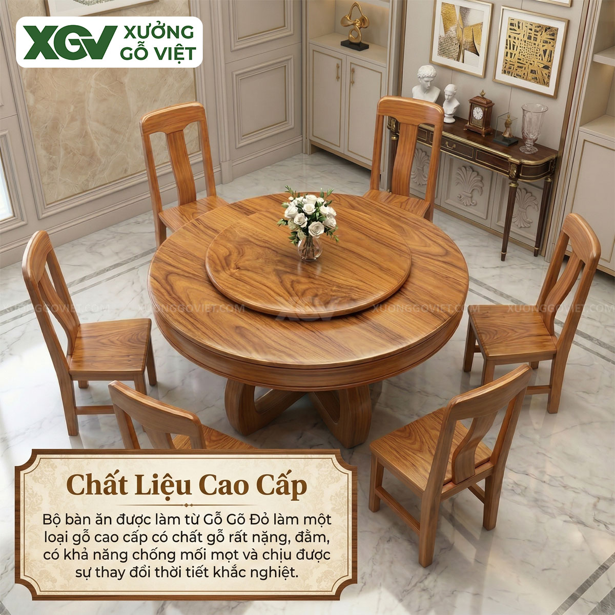 Bộ Bàn Ăn Tròn Gỗ Gõ Đỏ Dáng Bề Thế Cơ Chế Mâm Xoay Tiện Lợi