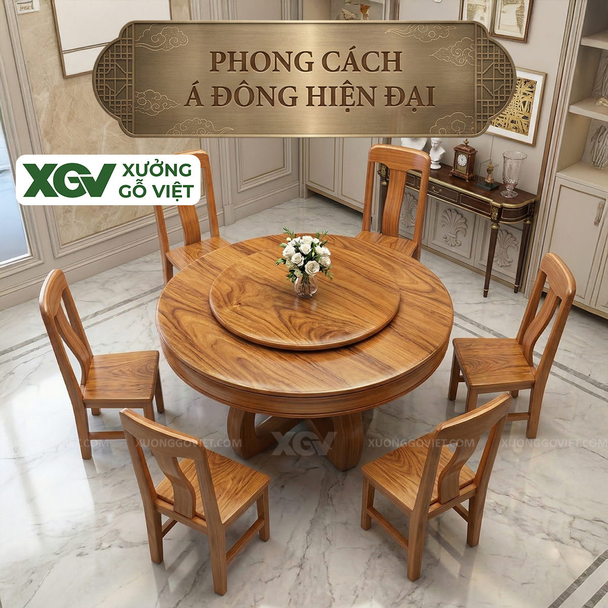 Bộ Bàn Ăn Tròn Gỗ Gõ Đỏ Dáng Bề Thế Cơ Chế Mâm Xoay Tiện Lợi