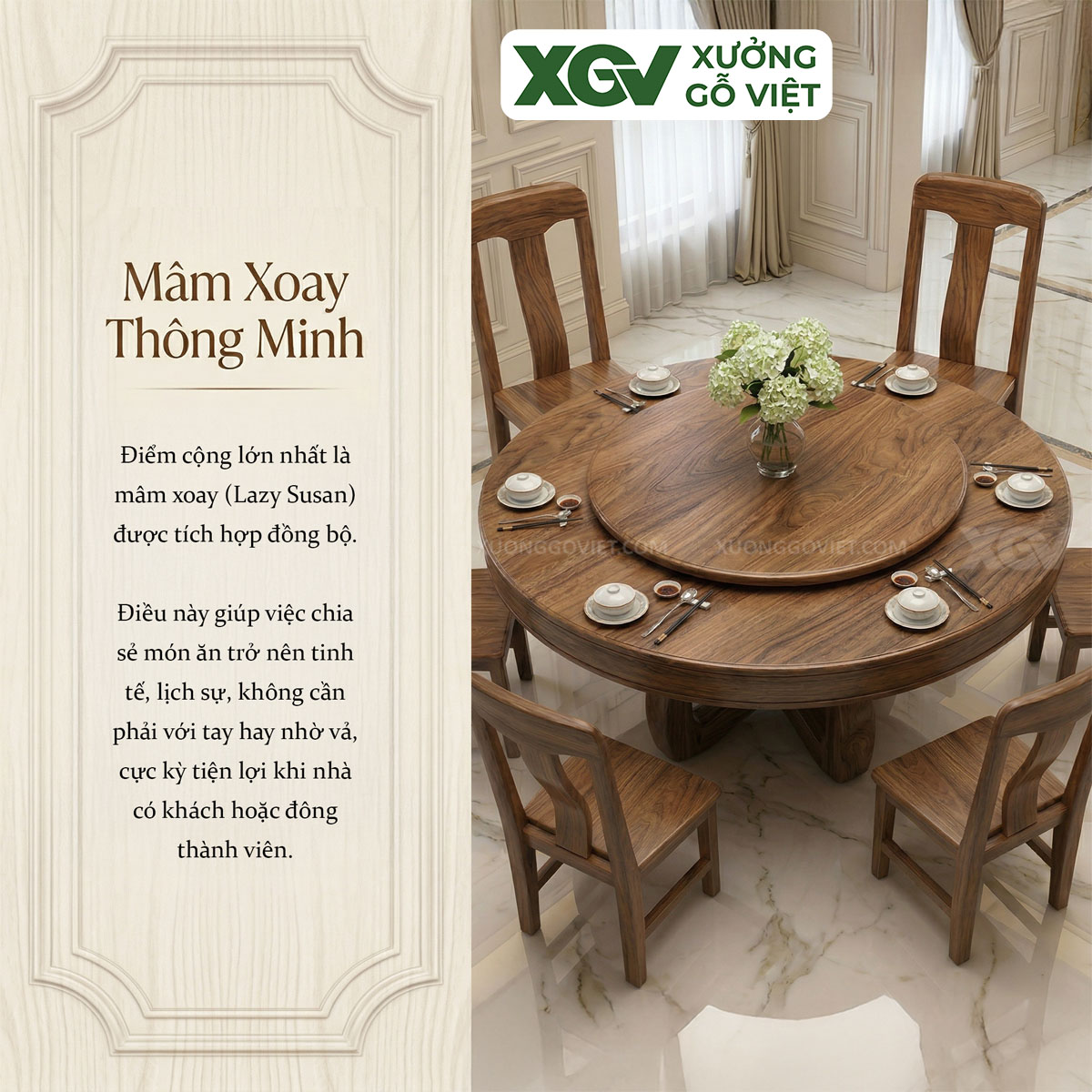 Bộ Bàn Ghế Ăn Gỗ Óc Chó Chân X Thiết Kế Mâm Xoay Tiện Nghi