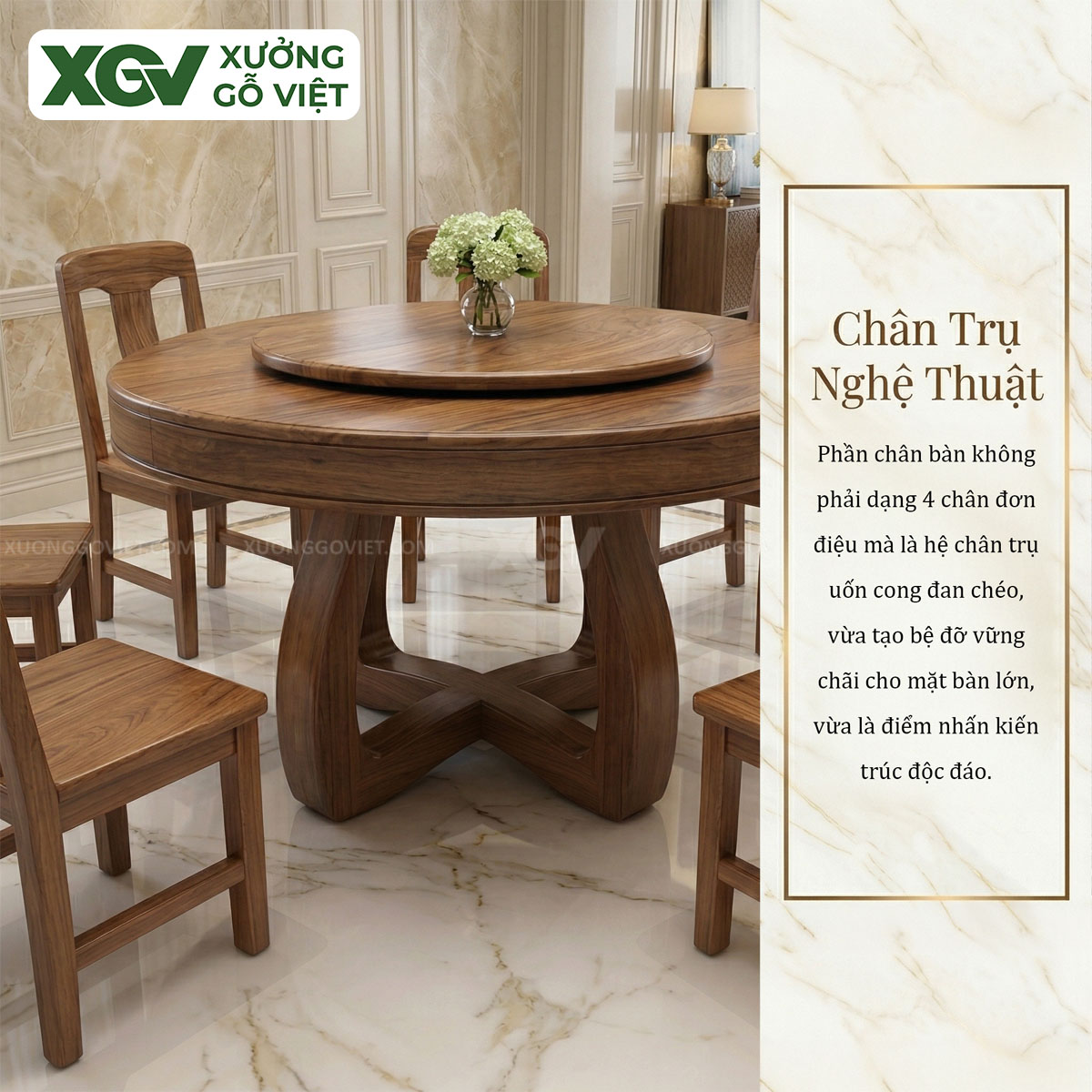 Bộ Bàn Ghế Ăn Gỗ Óc Chó Chân X Thiết Kế Mâm Xoay Tiện Nghi