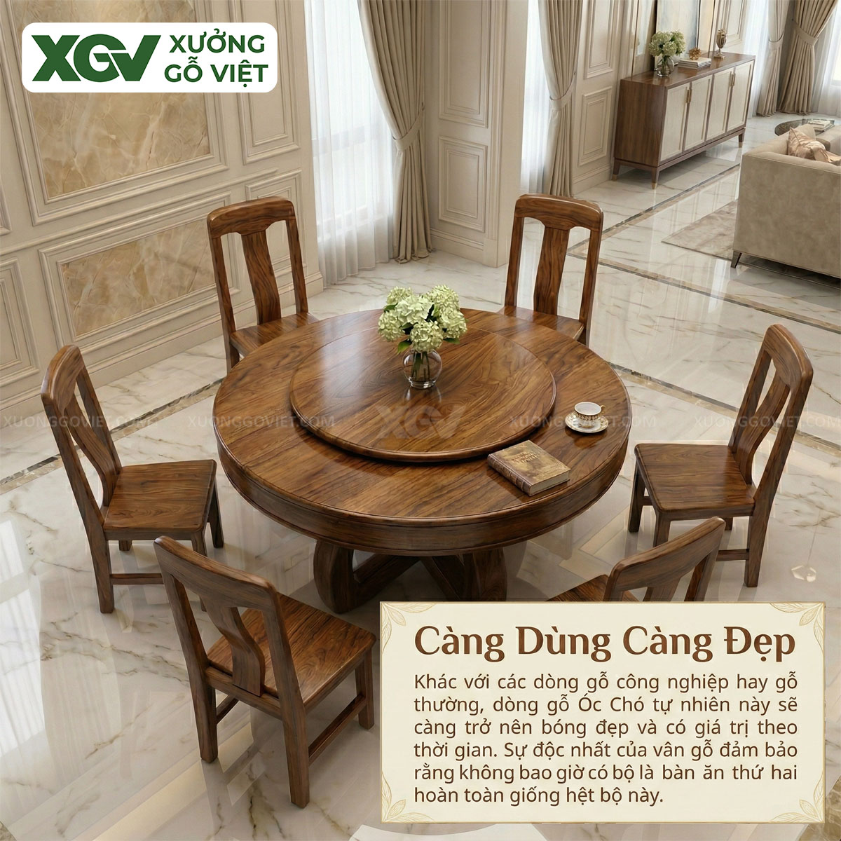 Bộ Bàn Ghế Ăn Gỗ Óc Chó Chân X Thiết Kế Mâm Xoay Tiện Nghi
