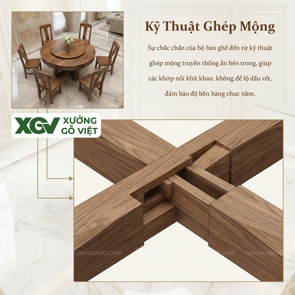 Bộ Bàn Ghế Ăn Gỗ Óc Chó Chân X Thiết Kế Mâm Xoay Tiện Nghi