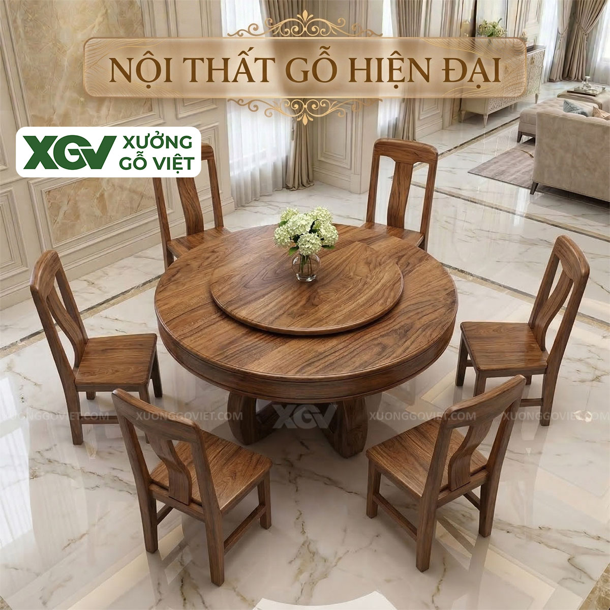 Bộ Bàn Ghế Ăn Gỗ Óc Chó Chân X Thiết Kế Mâm Xoay Tiện Nghi
