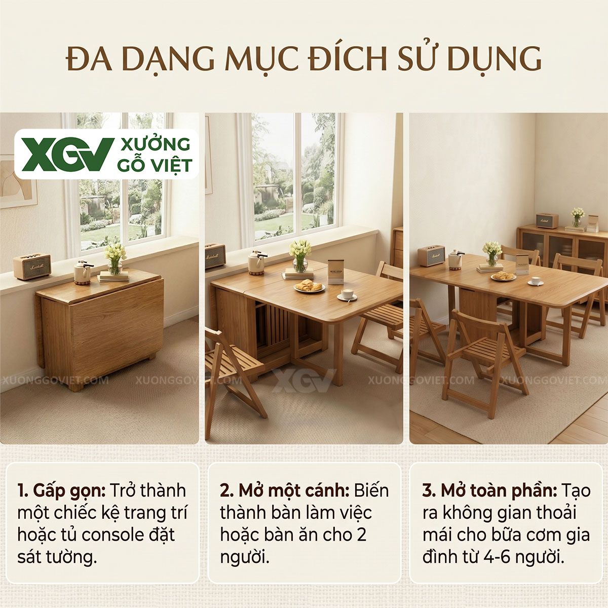 Bộ Bàn Ghế Ăn Gỗ Sồi Thông Minh Gấp Gọn 3 Trong 1 Linh Hoạt