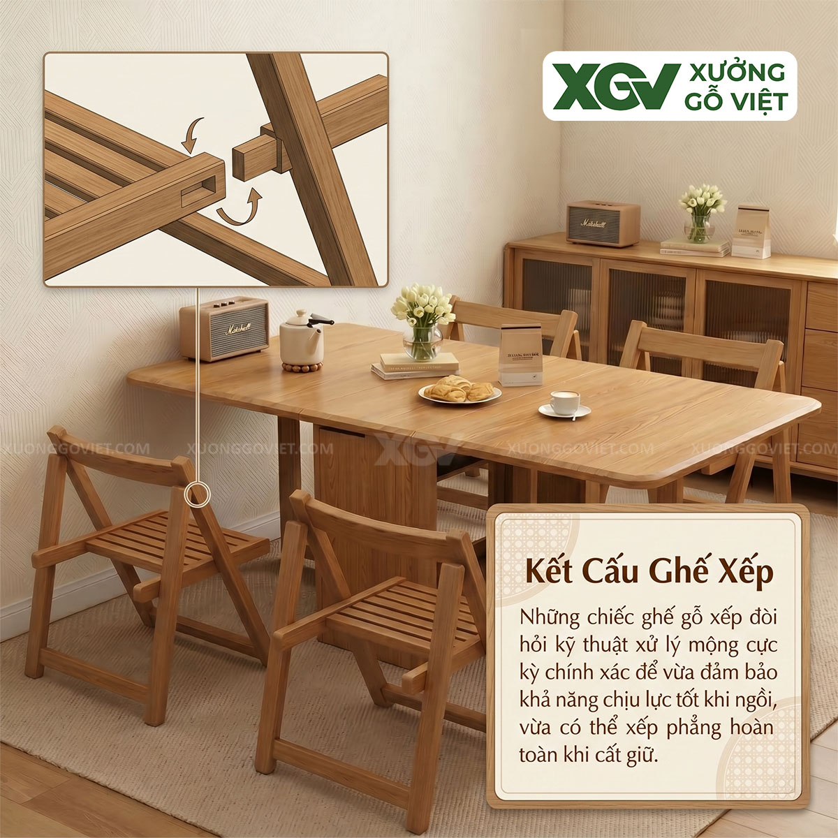 Bộ Bàn Ghế Ăn Gỗ Sồi Thông Minh Gấp Gọn 3 Trong 1 Linh Hoạt