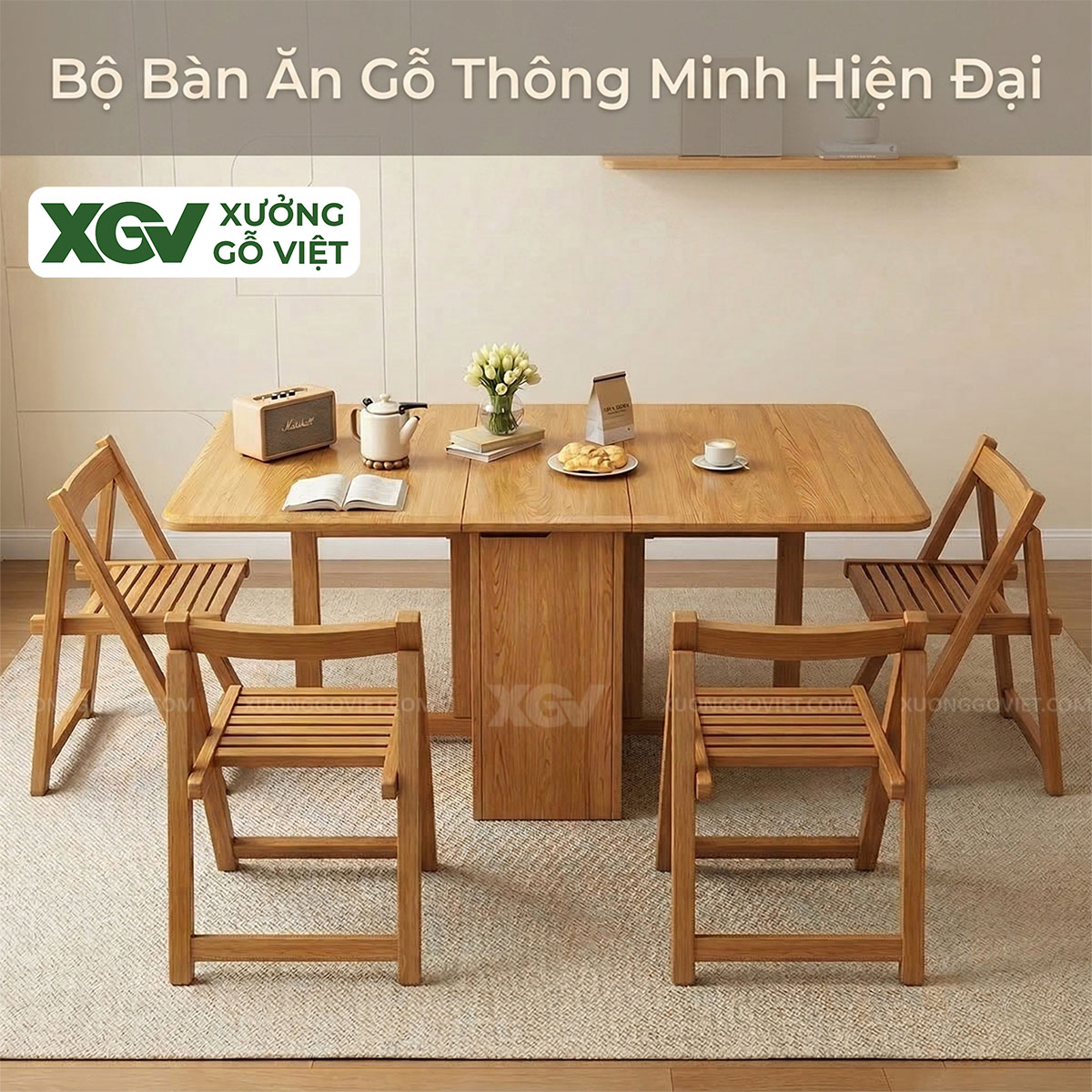 Bộ Bàn Ghế Ăn Gỗ Sồi Thông Minh Gấp Gọn 3 Trong 1 Linh Hoạt
