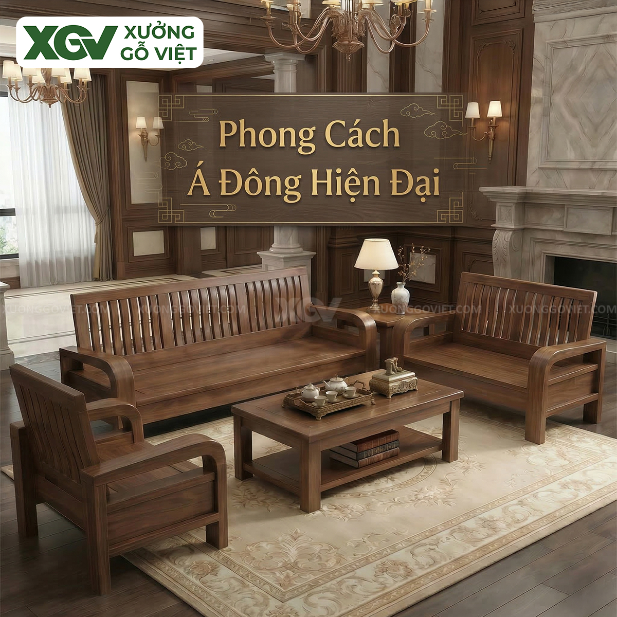 Bộ Bàn Ghế Sofa Thiết Kế Lưng Nan Hiện Đại Gỗ Óc Chó
