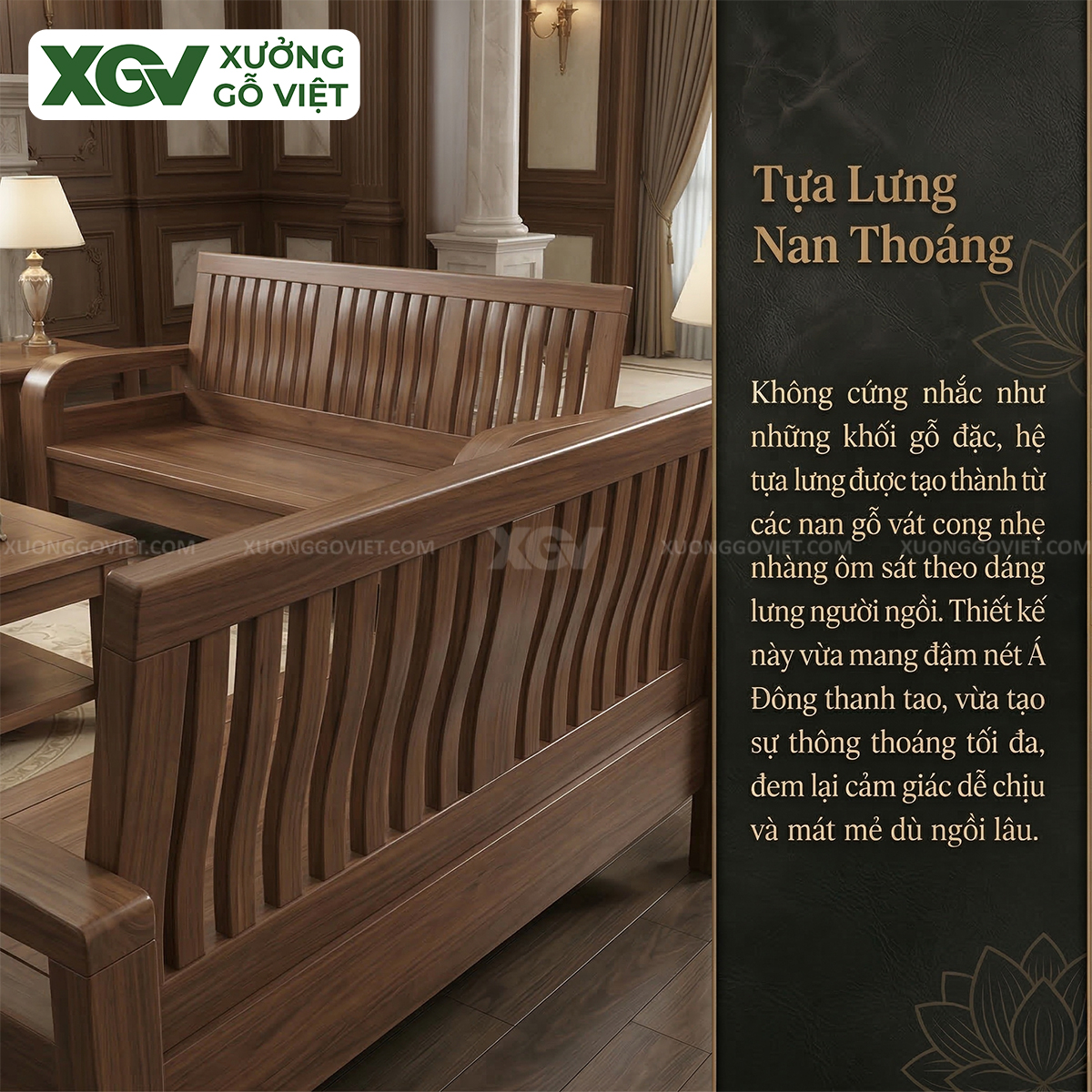 Bộ Bàn Ghế Sofa Thiết Kế Lưng Nan Hiện Đại Gỗ Óc Chó