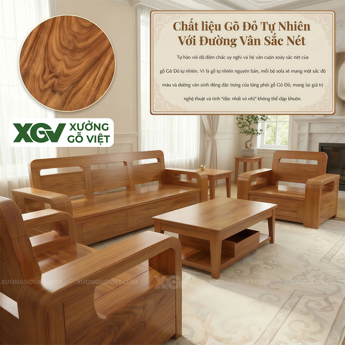 Bộ Sofa Gõ Đỏ Bo Cạnh Tinh Tế Chuẩn Xu Hướng Nội Thất 2026