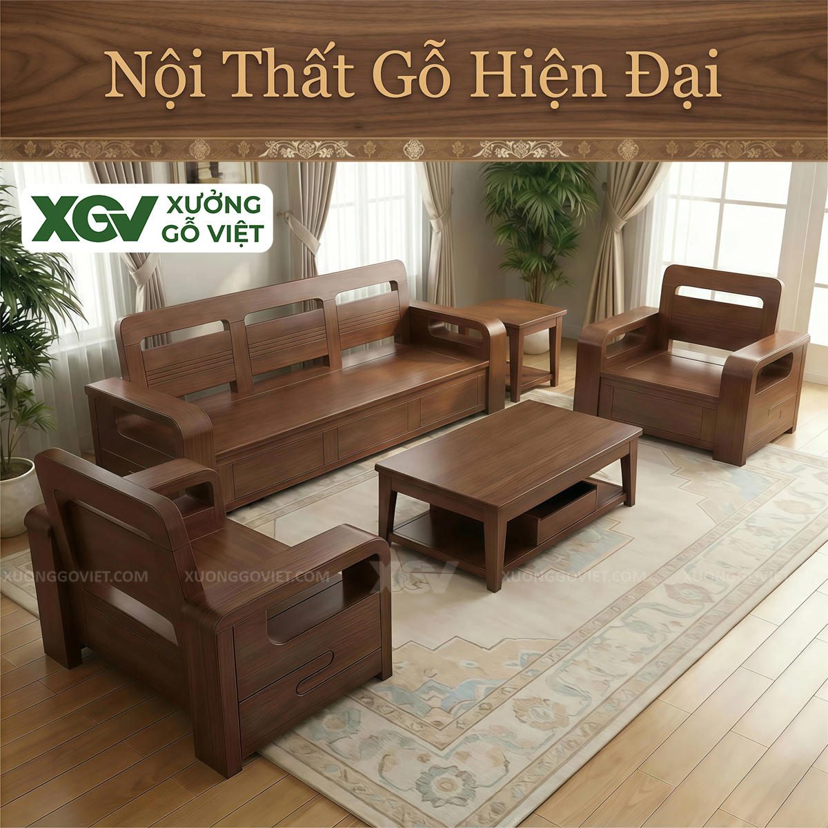 Bộ Sofa Gỗ Sồi Mỹ Thiết Kế Bo Cong Mềm Mại Giá Tốt