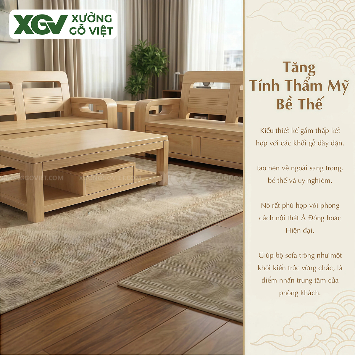 Bộ Sofa Gỗ Sồi Mỹ Thiết Kế Bo Cong Mềm Mại Giá Tốt