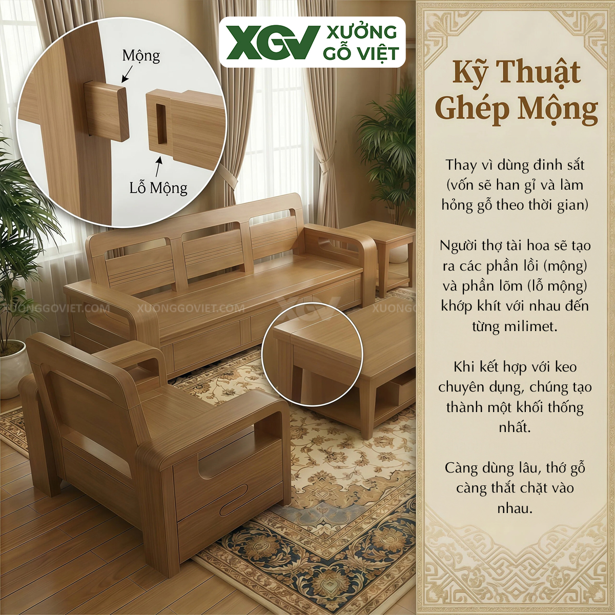 Bộ Sofa Gỗ Sồi Mỹ Thiết Kế Bo Cong Mềm Mại Giá Tốt