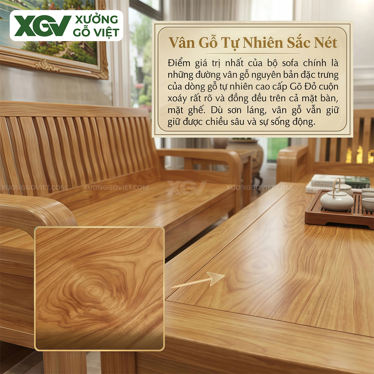 Bộ Sofa Phòng Khách Gỗ Gõ Đỏ Lưng Nan Thanh Lịch