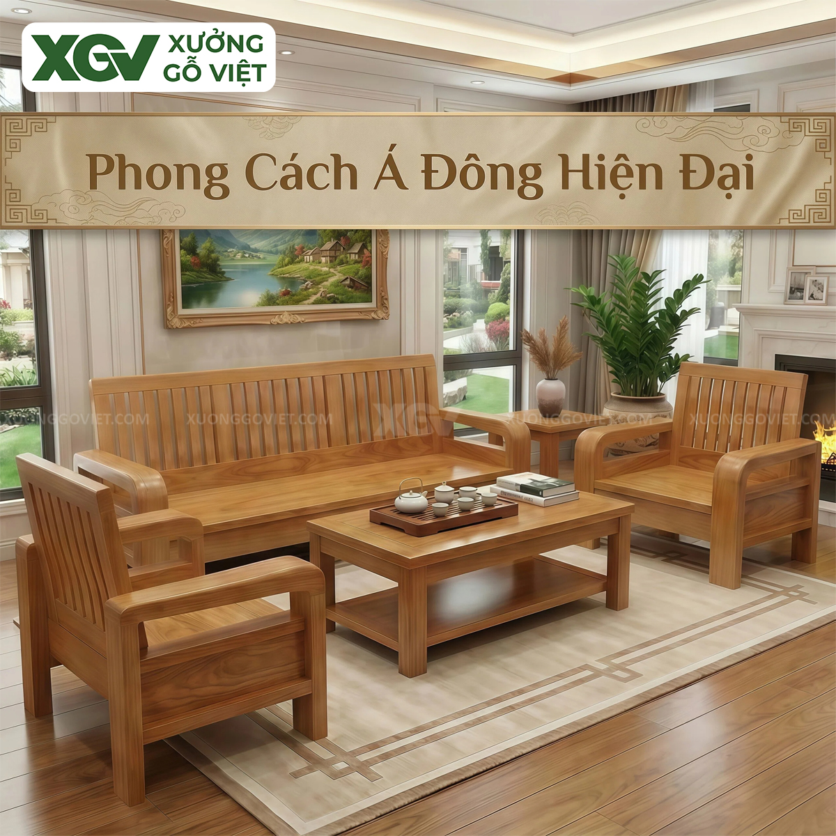 Bộ Sofa Phòng Khách Gỗ Gõ Đỏ Lưng Nan Thanh Lịch