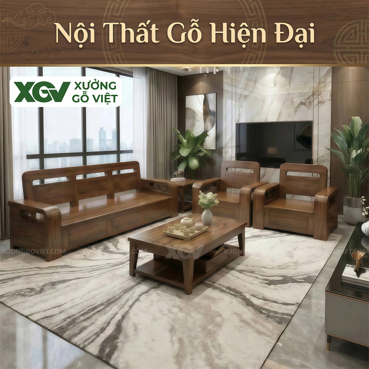 Bộ Sofa Phòng Khách Gỗ Óc Chó Thiết Kế Bo Cong Thời Thượng