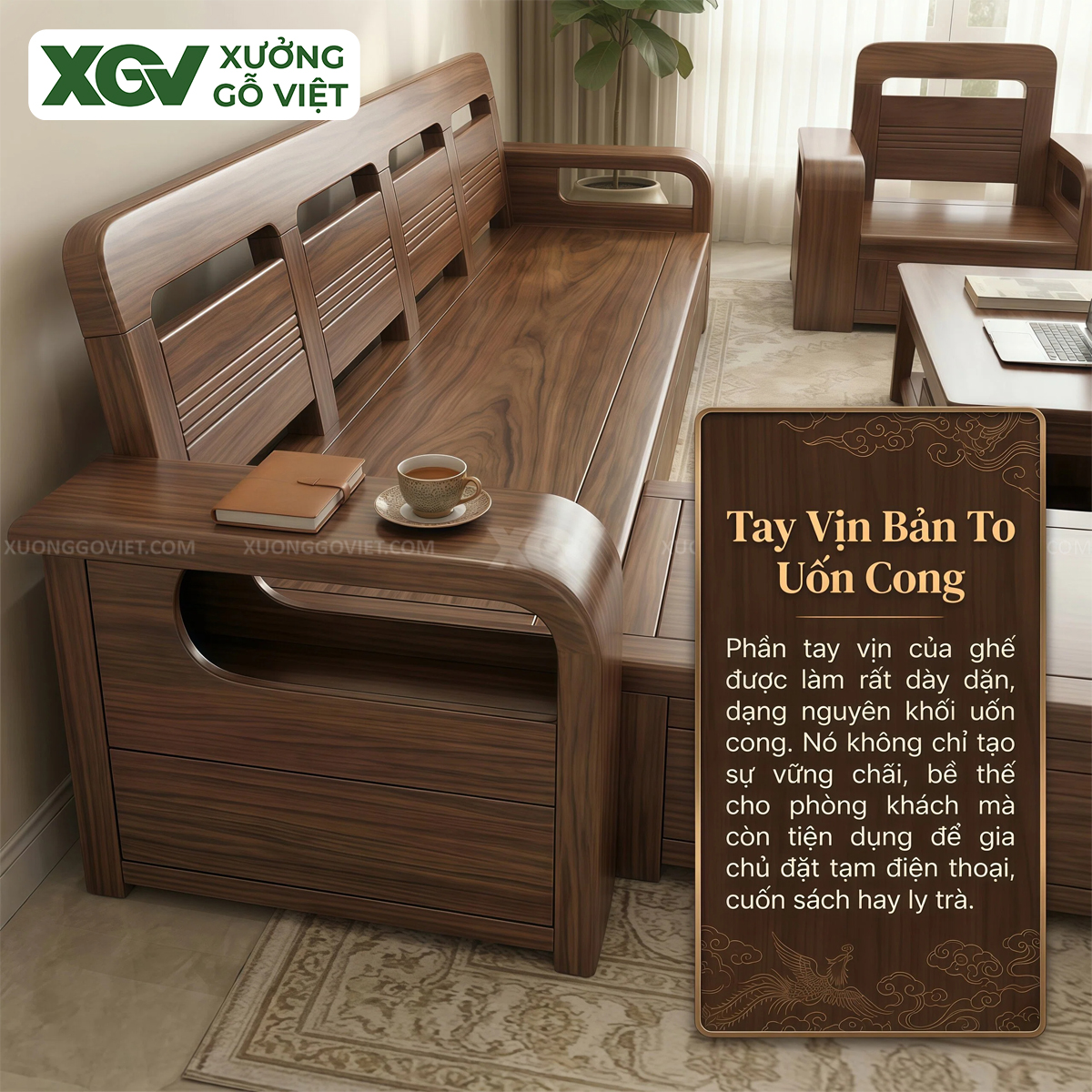 Bộ Sofa Phòng Khách Gỗ Óc Chó Thiết Kế Bo Cong Thời Thượng