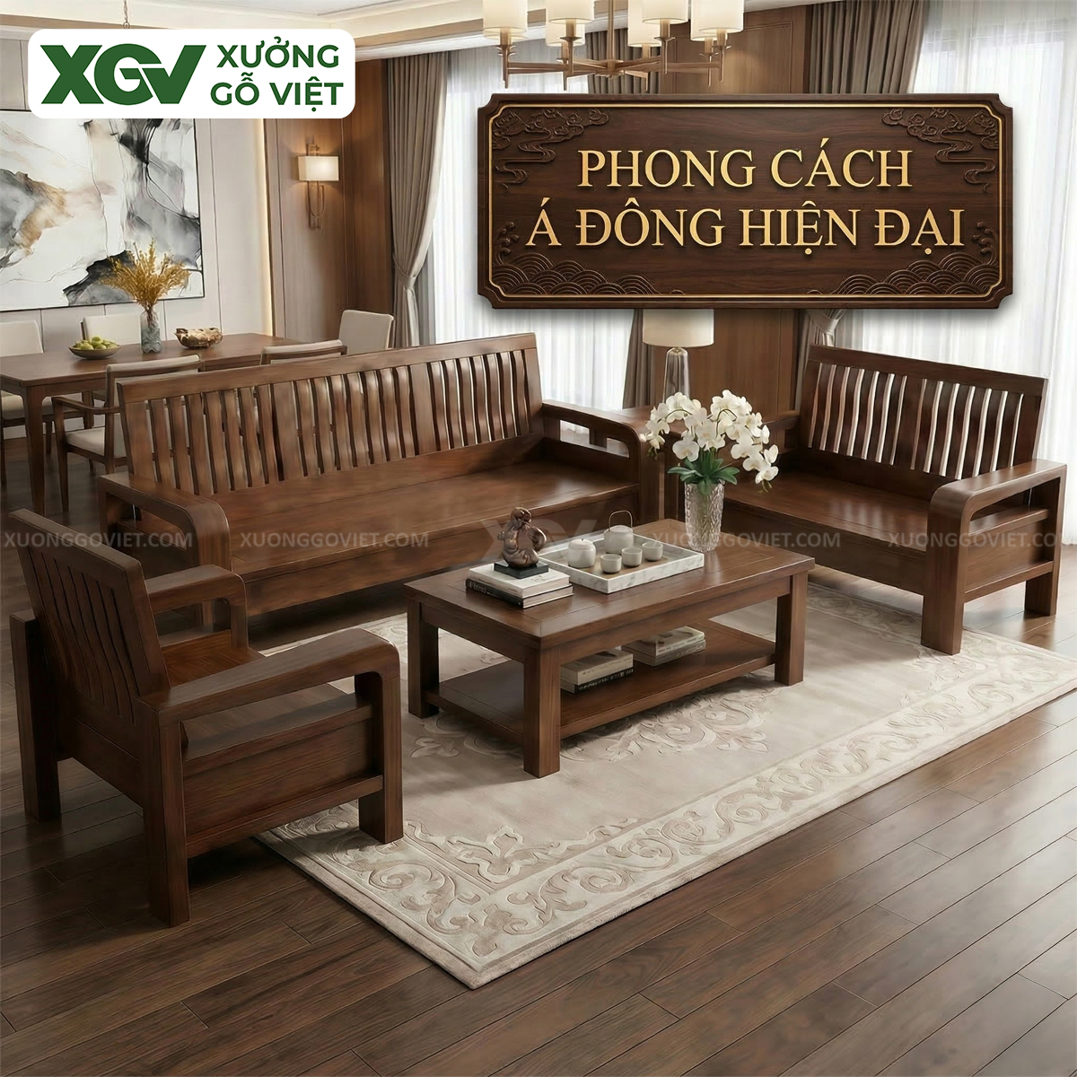 Bộ Sofa Phòng Khách Gỗ Sồi Mỹ Thiết Kế Nan Dọc Tinh Tế