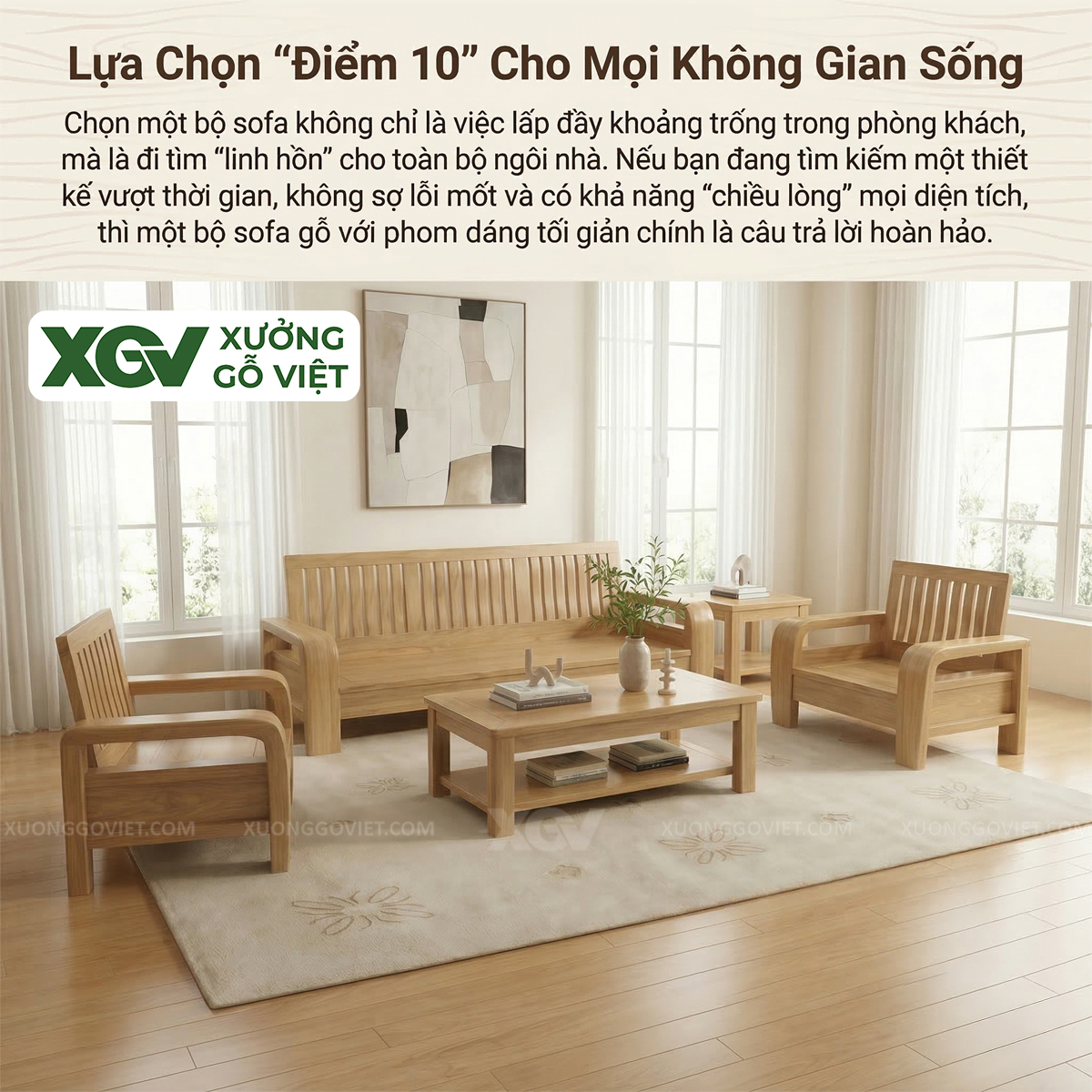Bộ Sofa Phòng Khách Gỗ Sồi Mỹ Thiết Kế Nan Dọc Tinh Tế