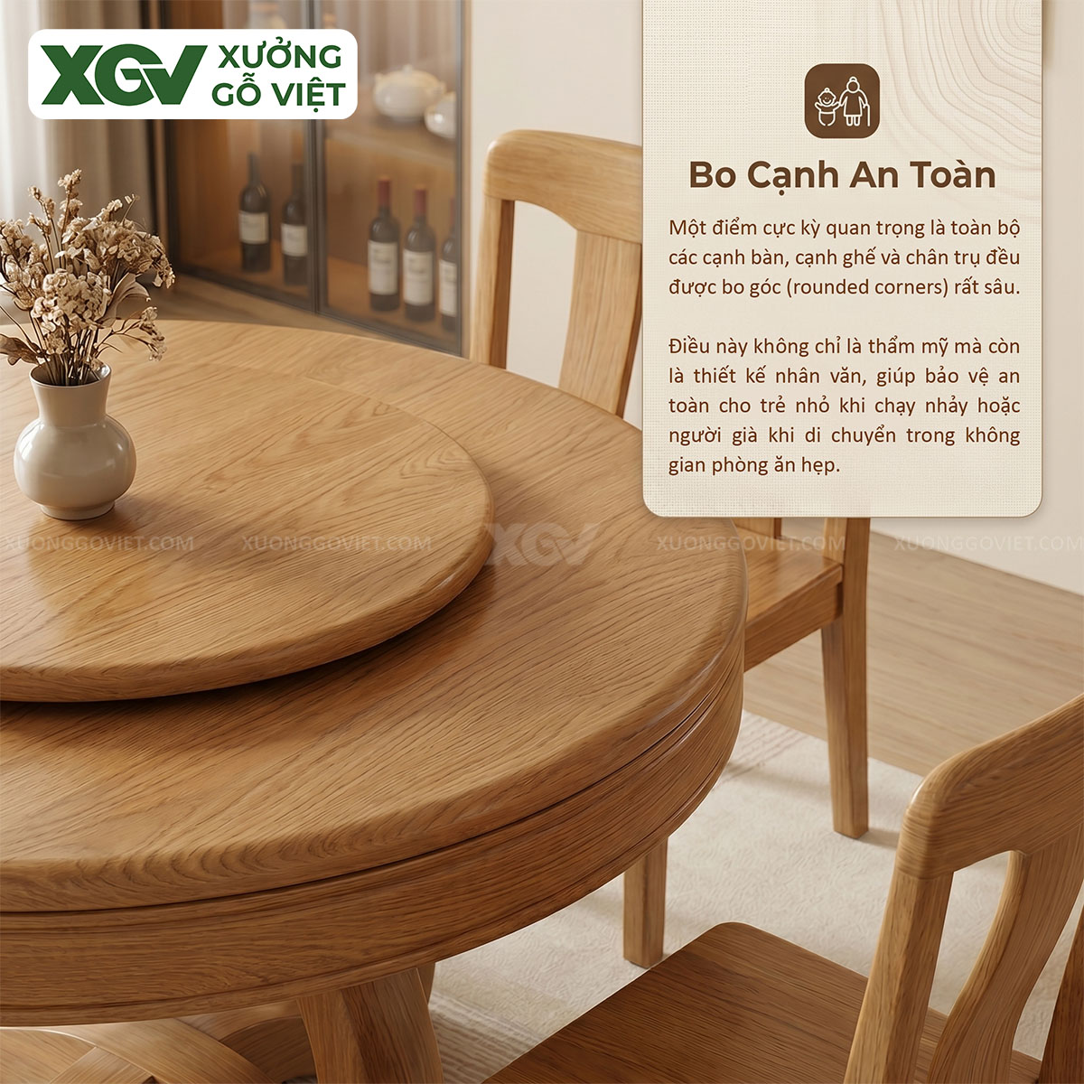 Mẫu Bàn Ghế Ăn Tròn Gỗ Sồi Mỹ Kết Hợp Mâm Xoay Hiện Đại