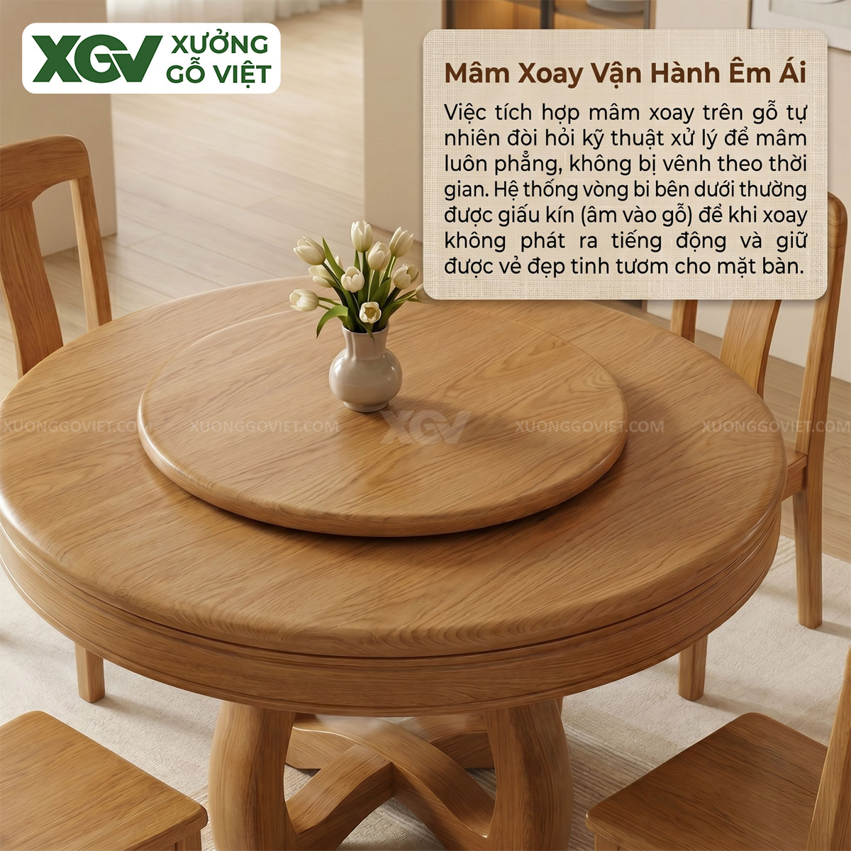 Mẫu Bàn Ghế Ăn Tròn Gỗ Sồi Mỹ Kết Hợp Mâm Xoay Hiện Đại