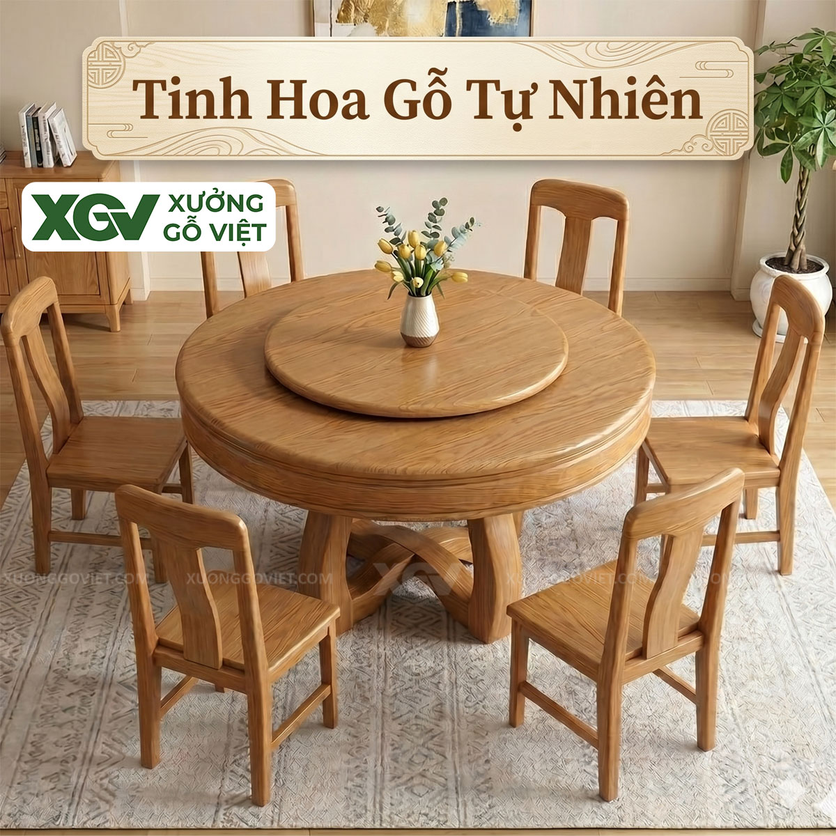Mẫu Bàn Ghế Ăn Tròn Gỗ Sồi Mỹ Kết Hợp Mâm Xoay Hiện Đại