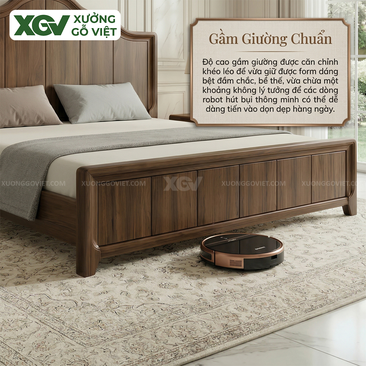 Mẫu Giường Ngủ Gỗ Óc Chó Kẻ Chỉ Dọc Phân Tầng Đầu Lượn Sóng
