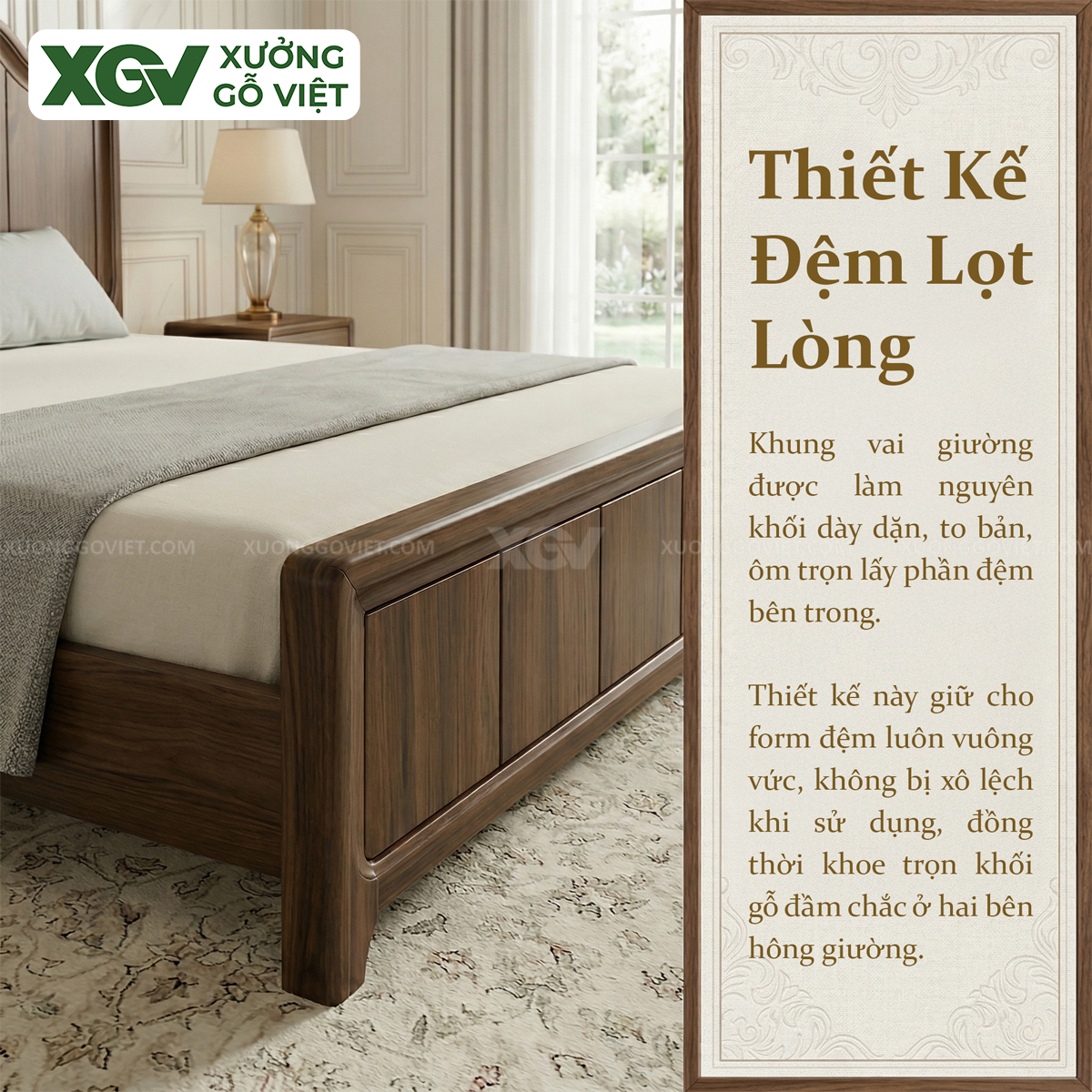 Mẫu Giường Ngủ Gỗ Óc Chó Kẻ Chỉ Dọc Phân Tầng Đầu Lượn Sóng