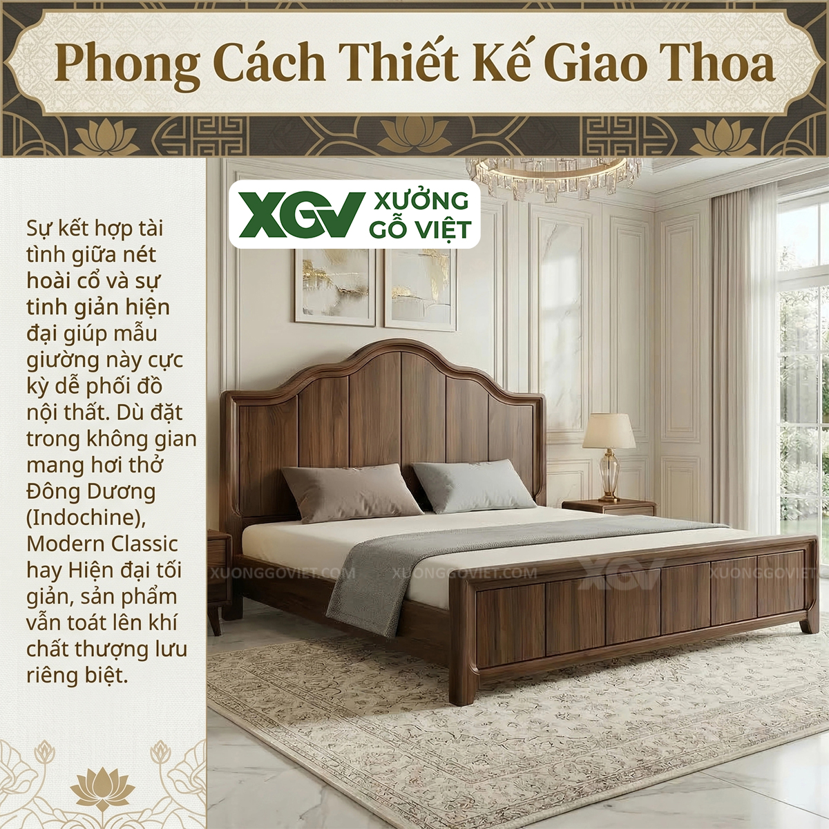 Mẫu Giường Ngủ Gỗ Óc Chó Kẻ Chỉ Dọc Phân Tầng Đầu Lượn Sóng