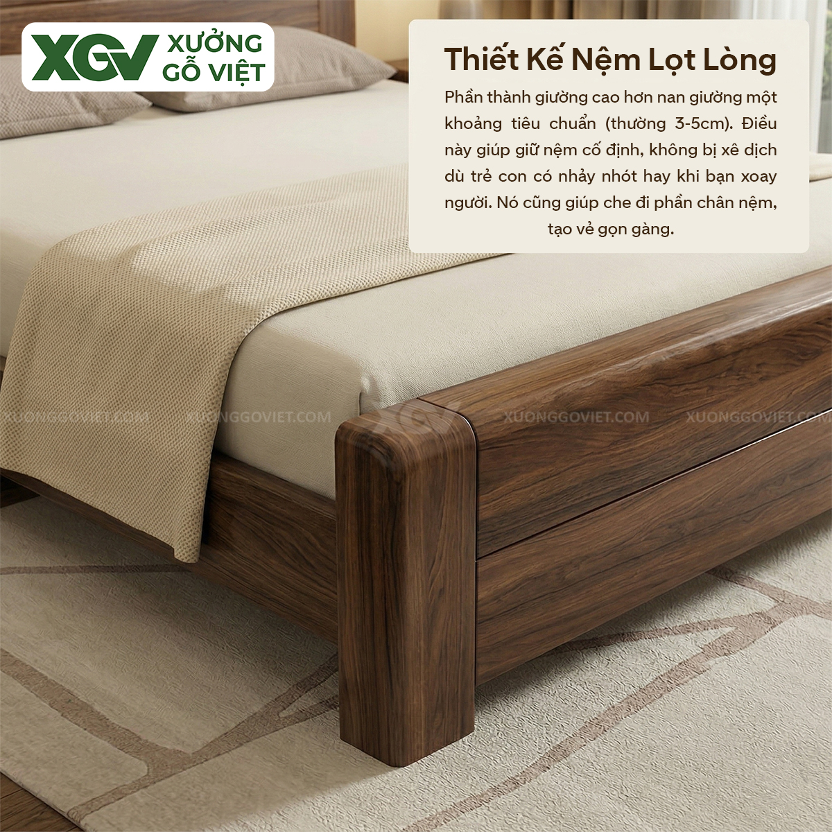Mẫu Giường Ngủ Gỗ Óc Chó Kiểu Dáng Bề Thế Góc Bo Mềm Mại