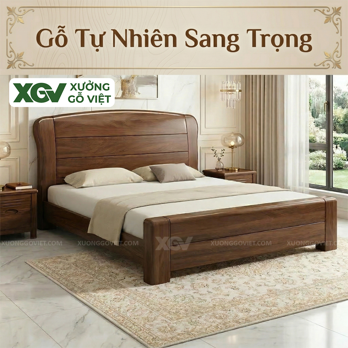 Mẫu Giường Ngủ Gỗ Óc Chó Kiểu Dáng Bề Thế Góc Bo Mềm Mại