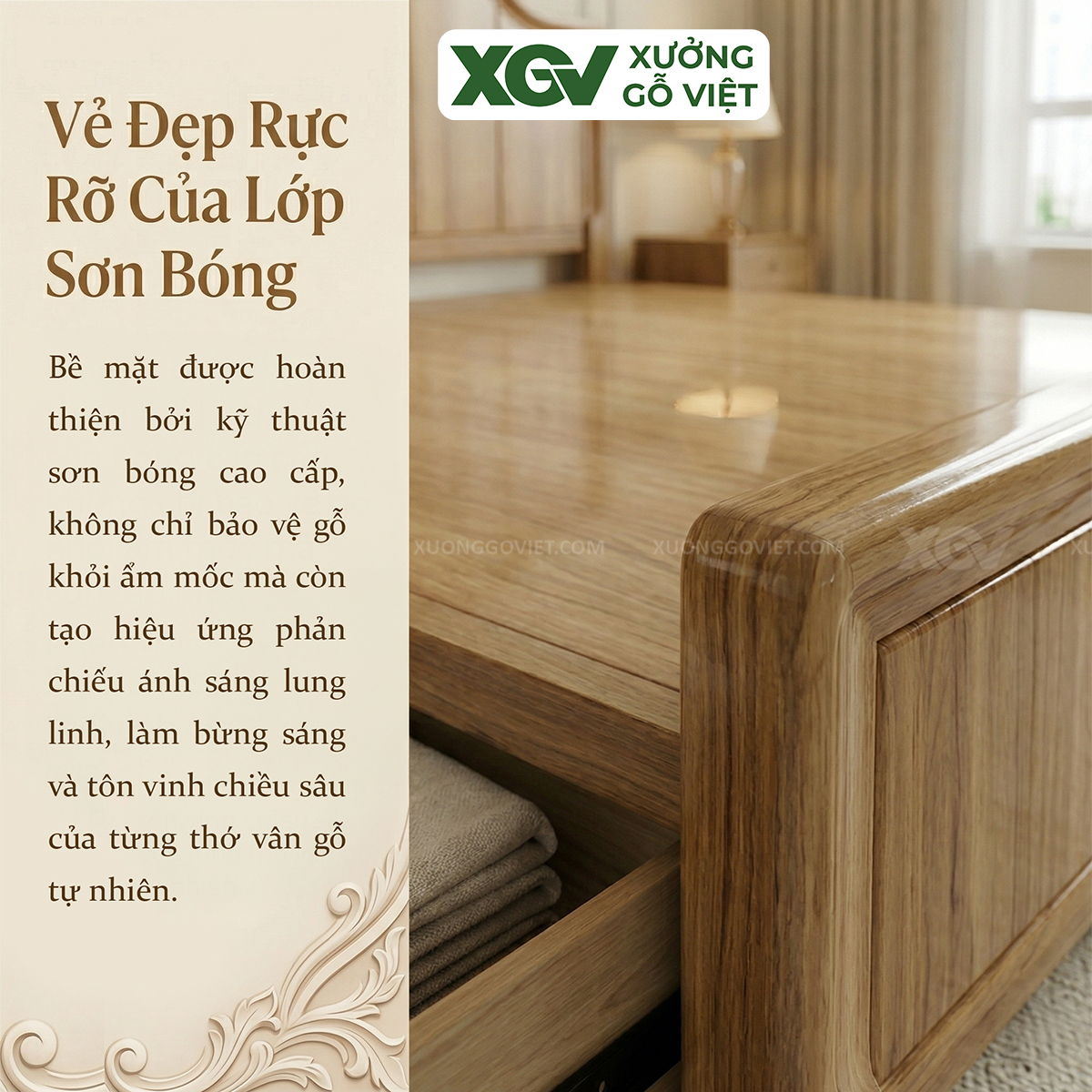 Mẫu Giường Ngủ Gỗ Sồi Chân Cao Đầu Giường Dáng Mây Uốn Lượn