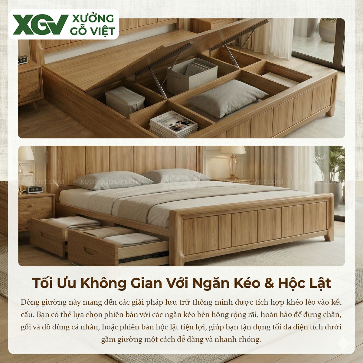 Mẫu Giường Ngủ Gỗ Sồi Chân Cao Đầu Giường Dáng Mây Uốn Lượn