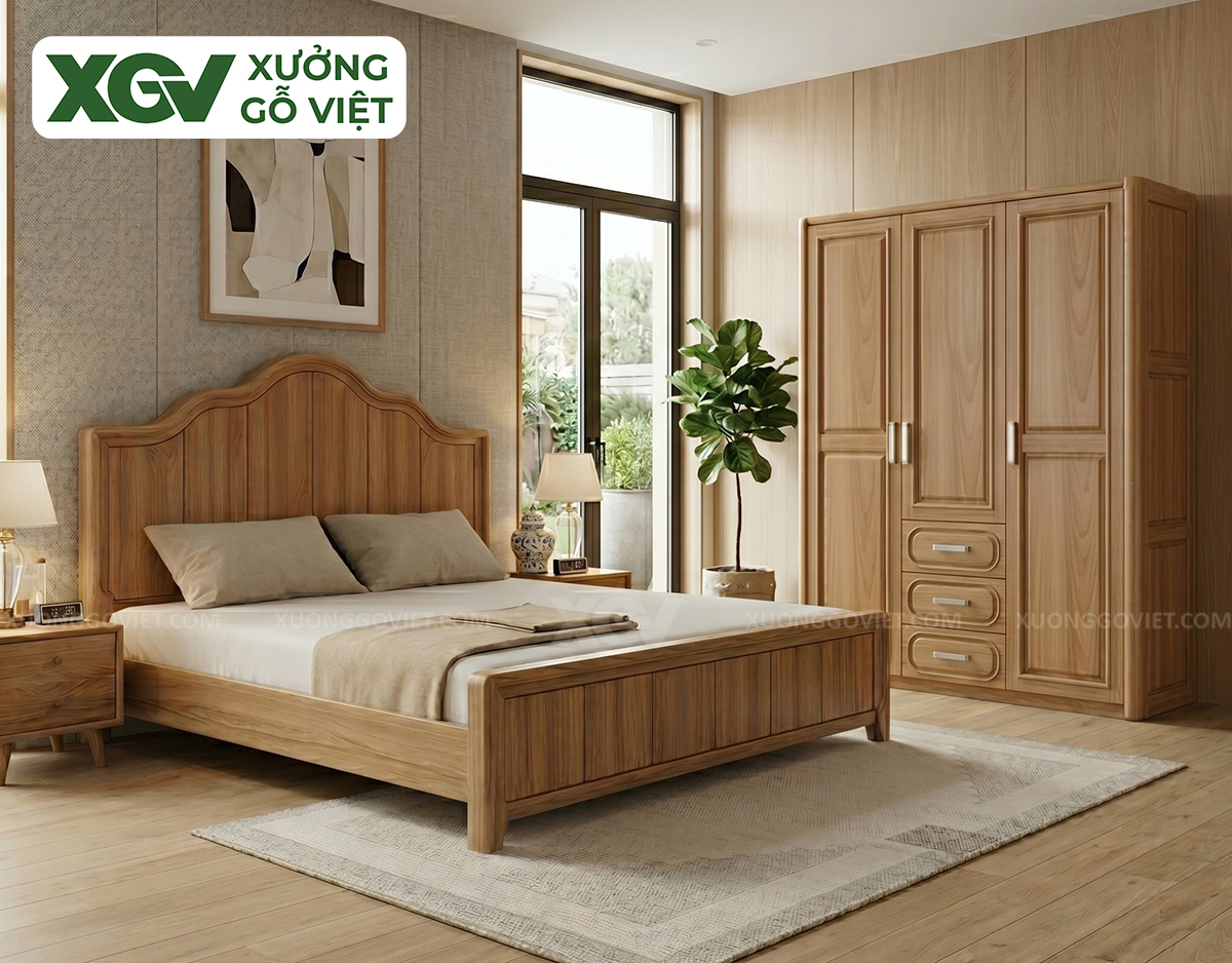 Mẫu Giường Ngủ Gỗ Sồi Chân Cao Đầu Giường Dáng Mây Uốn Lượn