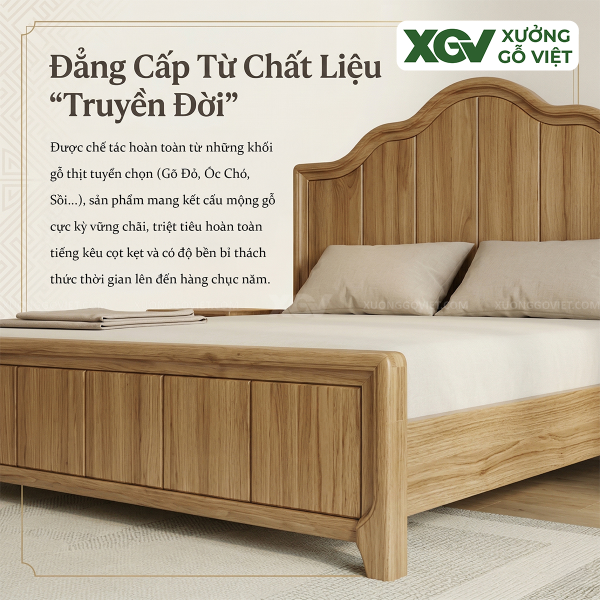 Mẫu Giường Ngủ Gỗ Sồi Chân Cao Đầu Giường Dáng Mây Uốn Lượn