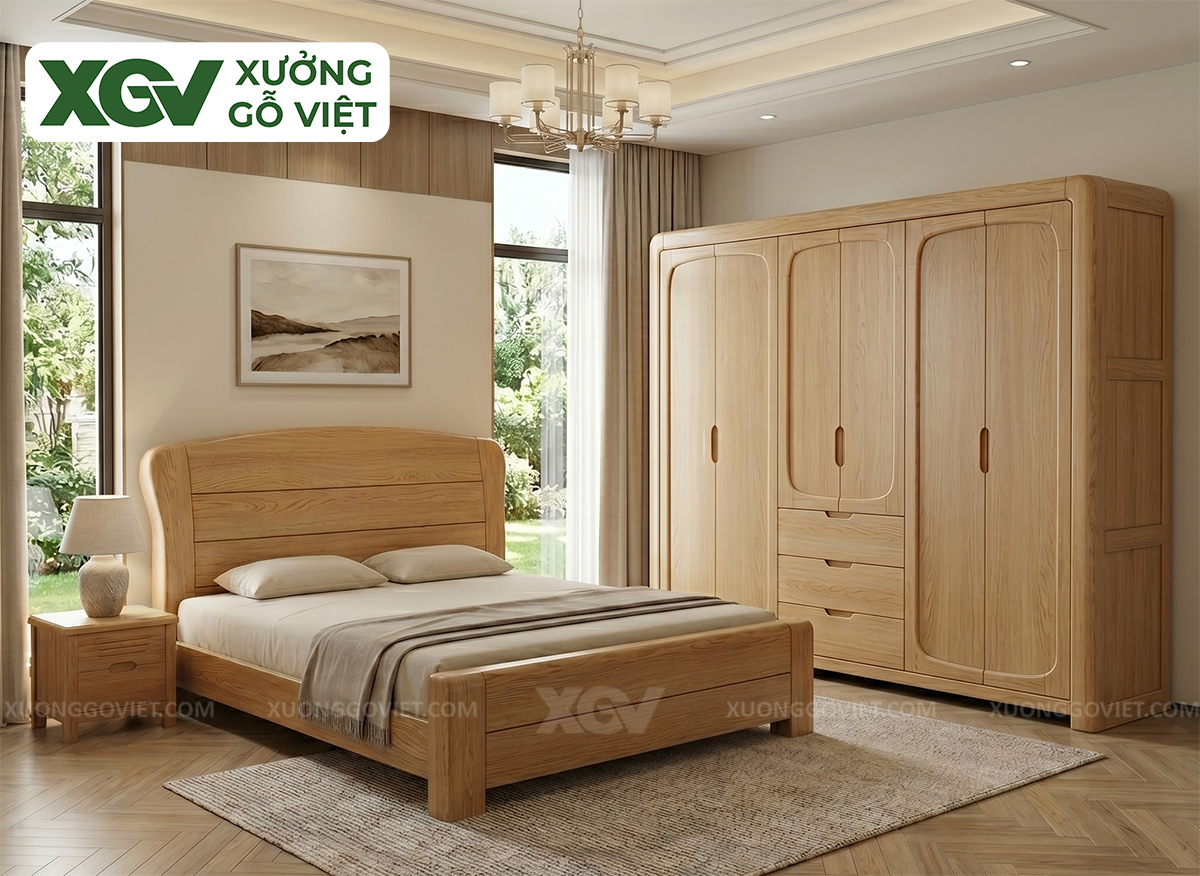 Mẫu Giường Ngủ Gỗ Sồi Kết Cấu Vững Chãi Mối Ghép Liền Mạch