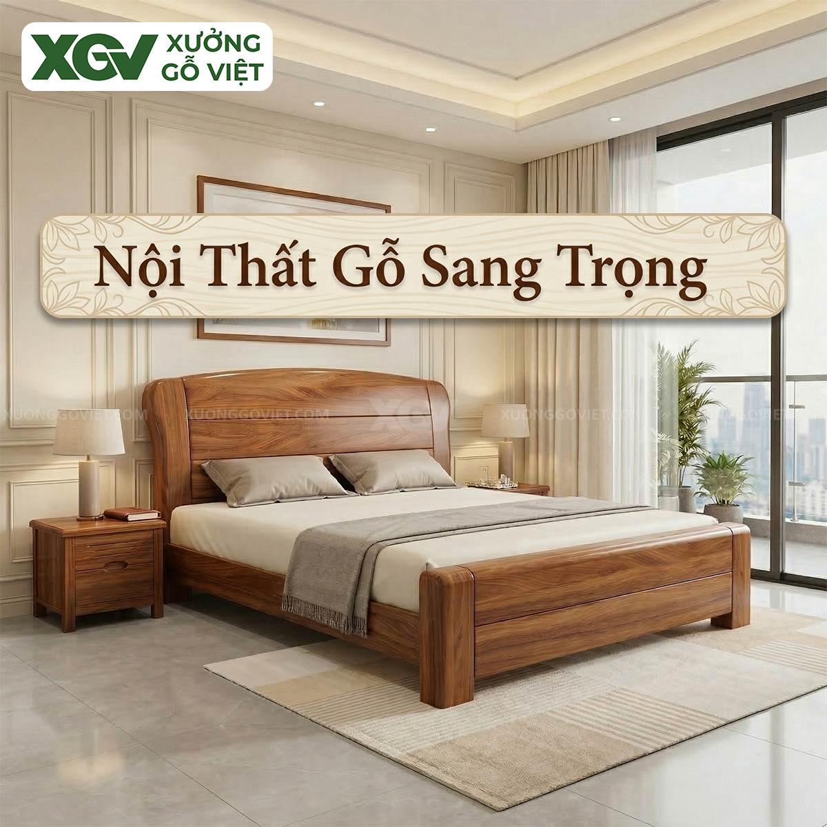 Mẫu Giường Ngủ Hiện Đại Tối Giản Gỗ Gõ Đỏ Bề Thế Sang Trọng