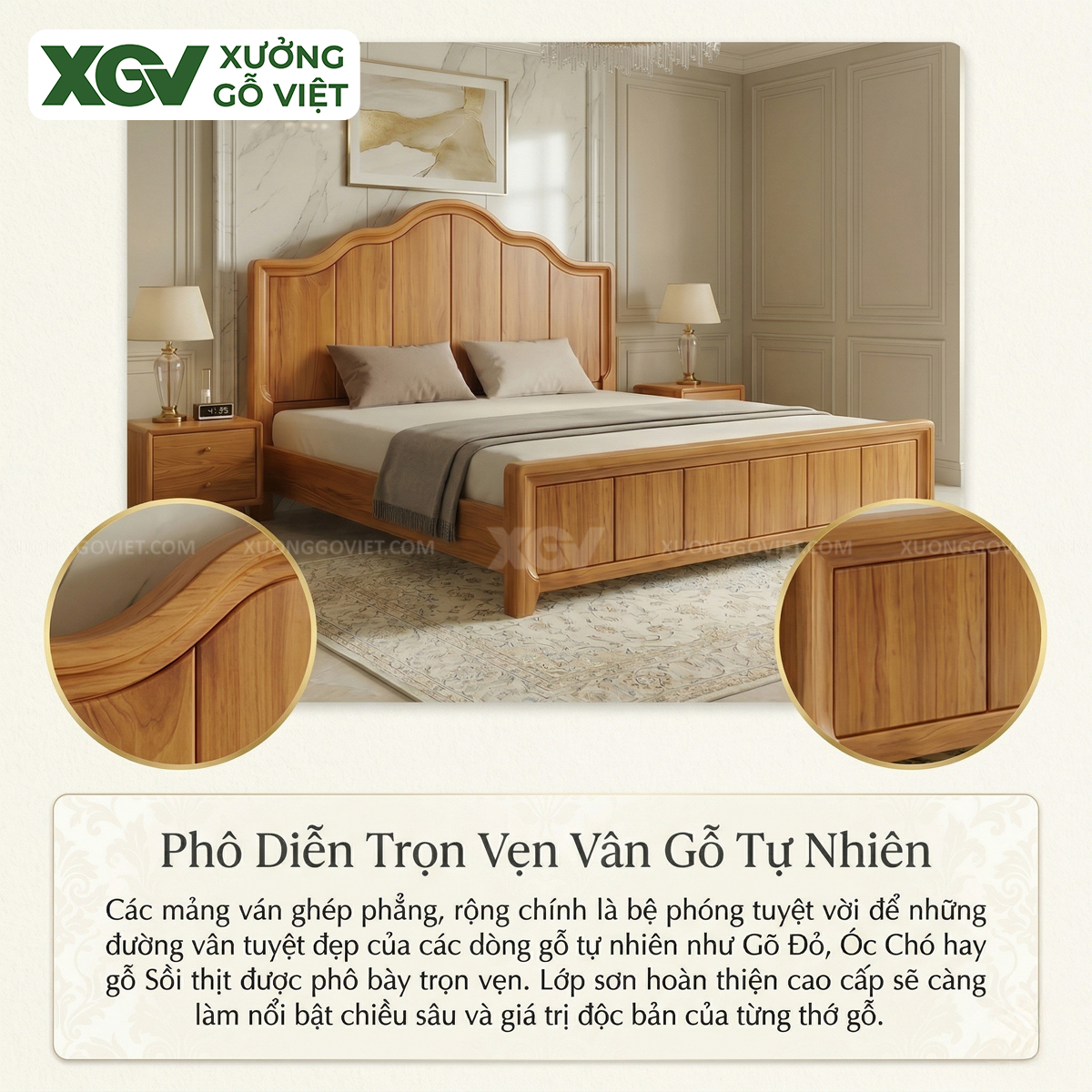 Mẫu Giường Ngủ Tân Cổ Điển Gỗ Gõ Đỏ Đầu Vòm Lượn Uyển Chuyển