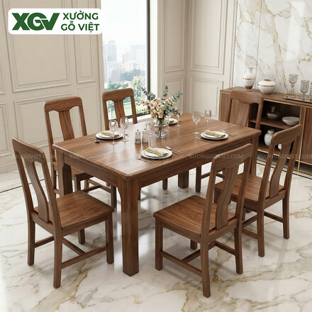 Bộ Bàn Ăn Bo Cạnh Gỗ Óc Chó 6 Ghế Phong Cách Á Đông Hiện...