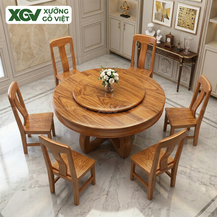 Bộ Bàn Ăn Tròn Gỗ Gõ Đỏ Dáng Bề Thế Cơ Chế Mâm Xoay Tiện...