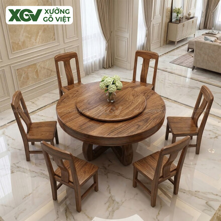 Bộ Bàn Ghế Ăn Gỗ Óc Chó Chân X Thiết Kế Mâm Xoay Tiện Nghi